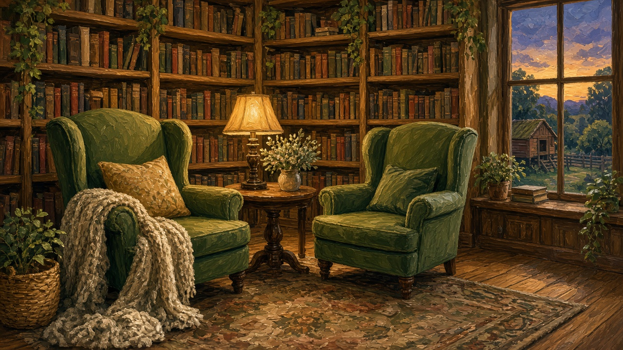 A painted reading room with green chairs, bookshelves, and a window onto the yard