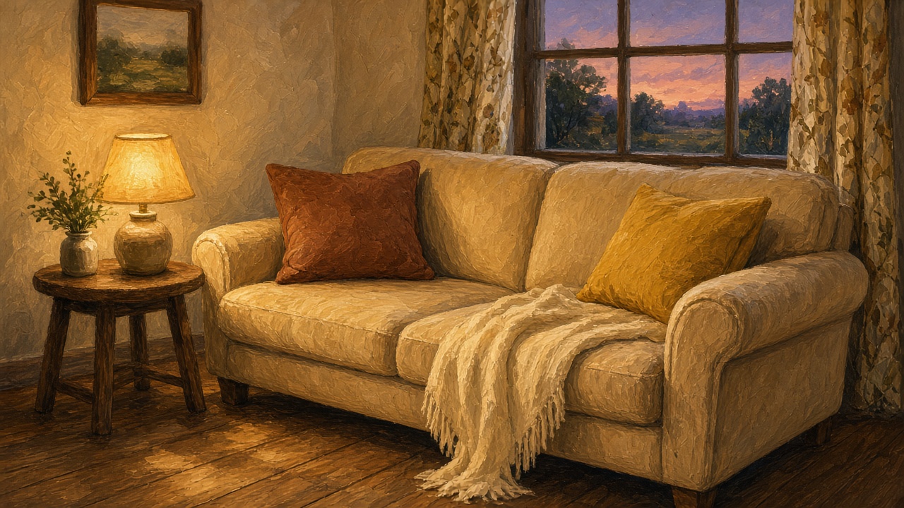 A painted listening room with a cream sofa, lamp, and a dusk window