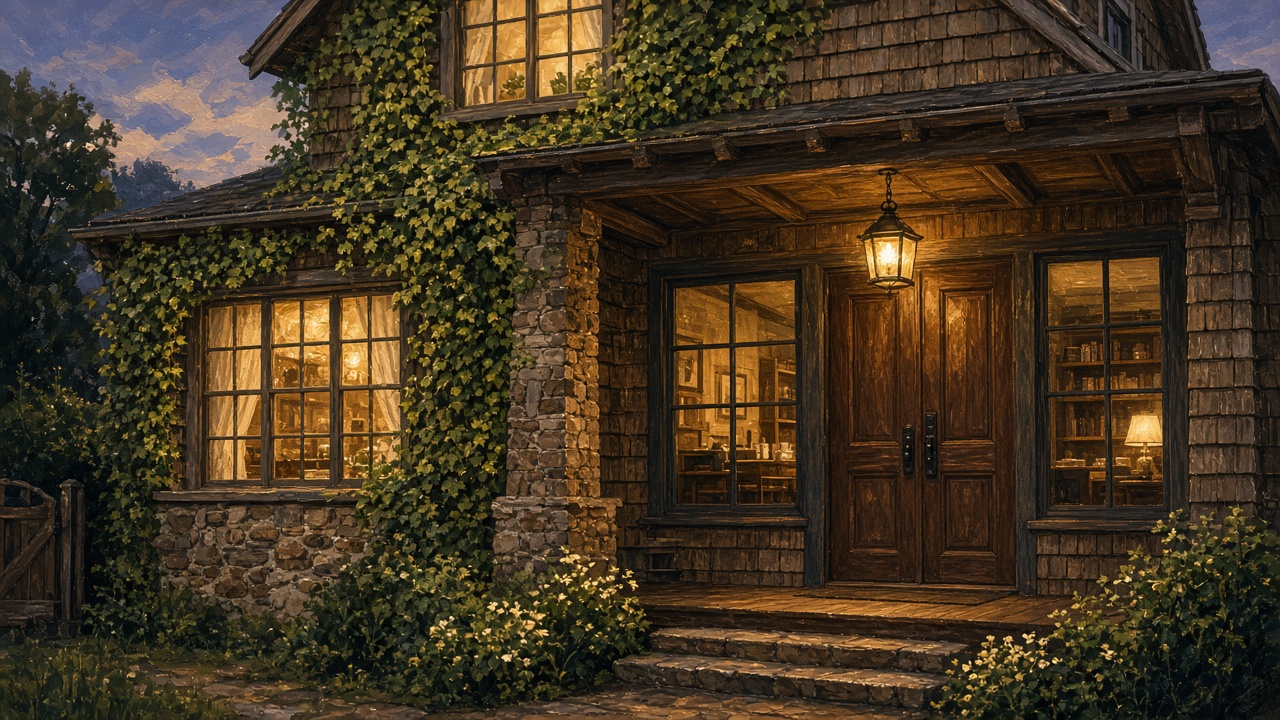 A painted dusk cottage with ivy, warm windows, and a closed front door